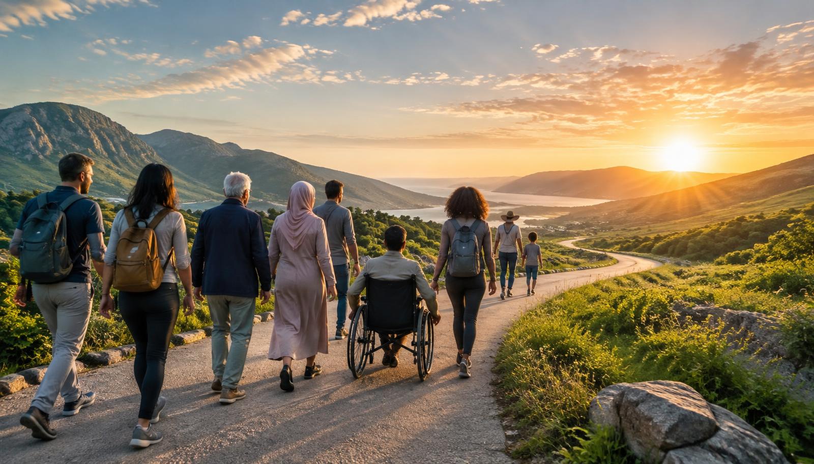 A sunrise pathway with people walking forward together