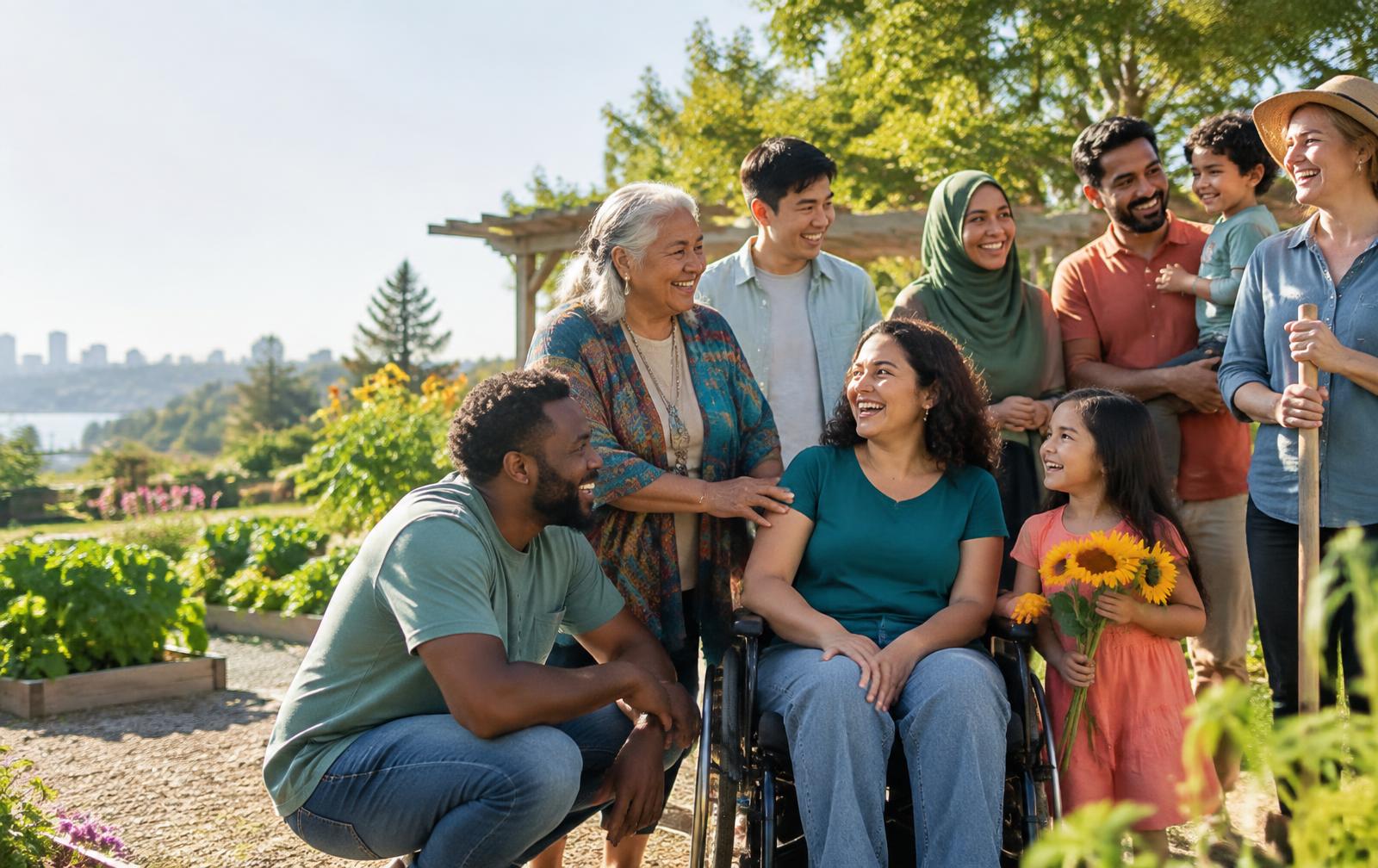 People of many backgrounds and ages sharing a warm, healthy moment together